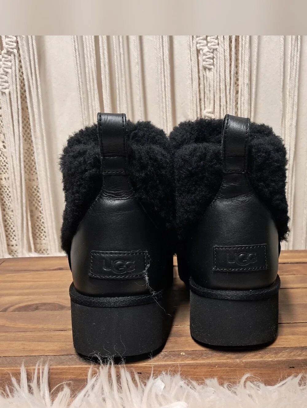 UGG Ultra Mini Alina Curled Black Leather Genuine Shearling Platform Boots
